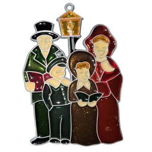 Vintage Handmade Stained Glass Family Of Carolers Suncatcher Christmas Ornament